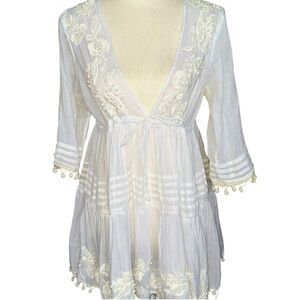 Sacred Threads Boho Mini Dress White Knot Pom Pom Cotton Cotton Embroidery Sz M